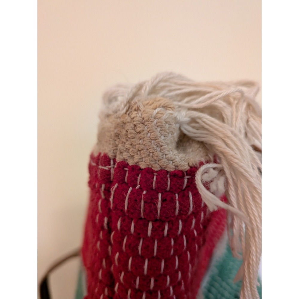 Boho Woven Textile Leather Bucket Backpack Fringe Multi-Color Striped Purse - Picture 10 of 14